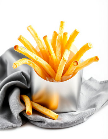 French fries in a bowl on a gray napkin, isolated on white