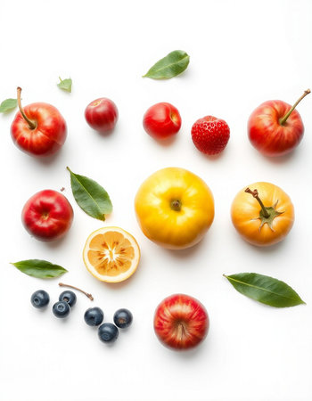 Flat lay composition with ripe fruits and berries on white background.
