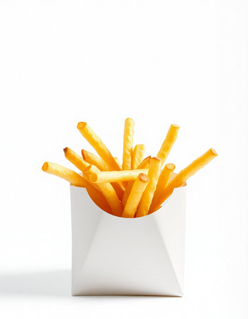 French fries in a white box on a white background. Fast food.