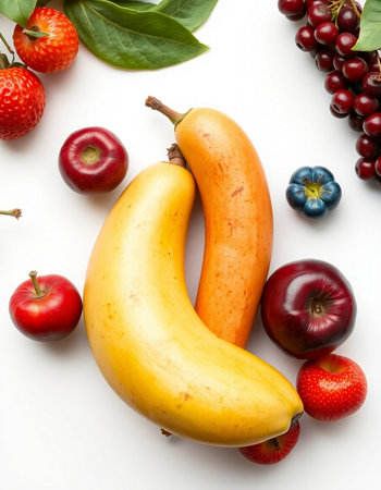 Fruits on a white background. Healthy food. Top view.の写真素材