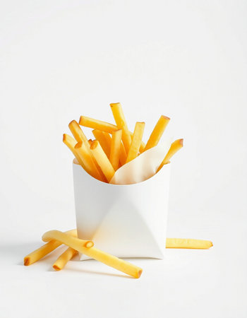 French fries in a white box on a white background. Fast food.