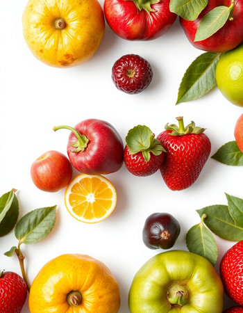Fruits and vegetables isolated on white background. Flat lay, top view