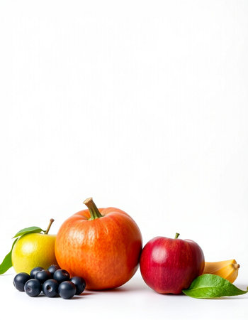 Autumn still life with pumpkins, apples and blueberries on white backgroundの写真素材