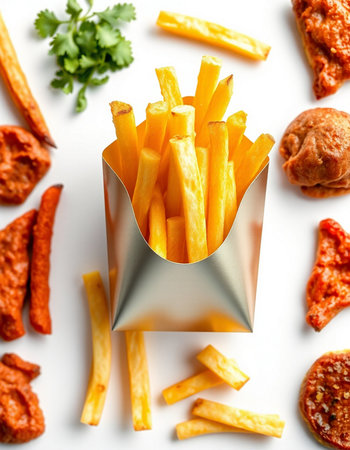 French fries in a metal box on a white background, top view
