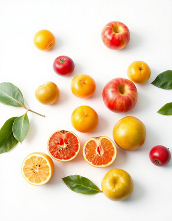 Citrus fruits on white background, top view, flat lay