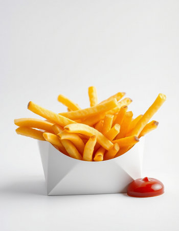 French fries in a box with tomato sauce on a white background.