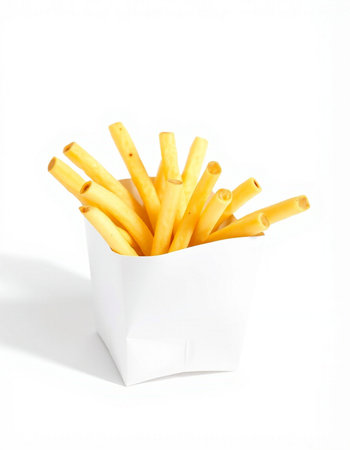 French fries in paper box isolated on white background. Selective focus.の写真素材