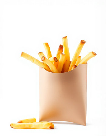 French fries in paper bag isolated on white background. Fast food.