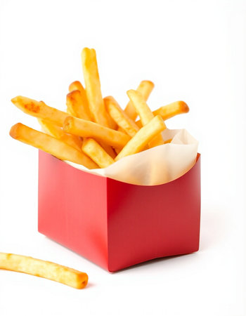 French fries in a red box on a white background, fast food