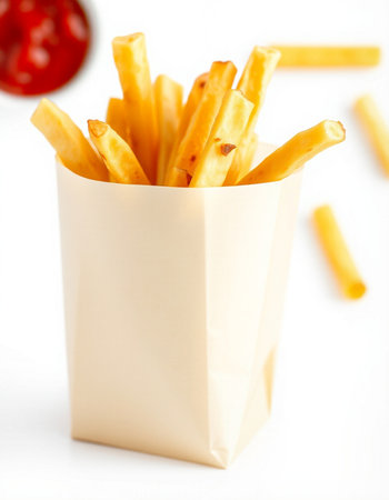 French fries with ketchup on white background. Shallow dof.