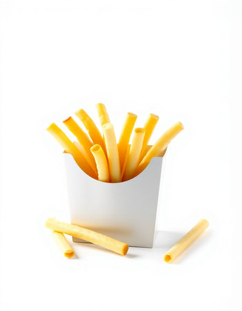 French fries in a white box on a white background. Isolated