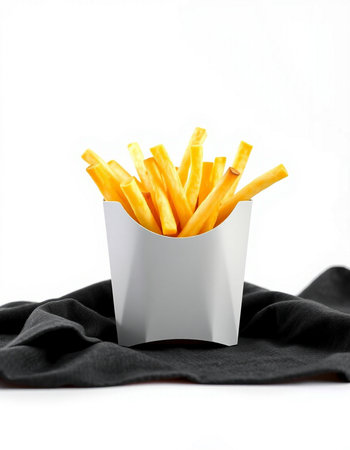 French fries in a white box on a black cloth isolated on white background