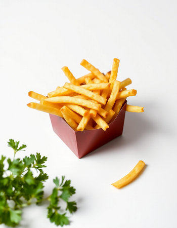 French fries in a paper box on a white background with parsleyの写真素材