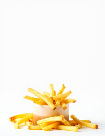 French fries in a white jar on a white background. Copy space.の写真素材
