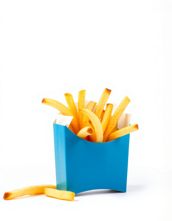 French fries in a blue box on a white background, isolated.の写真素材