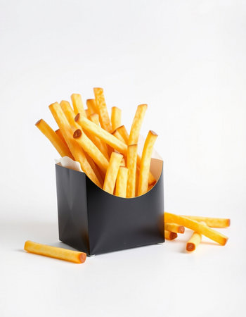 French fries in a black box on a white background, fast foodの写真素材