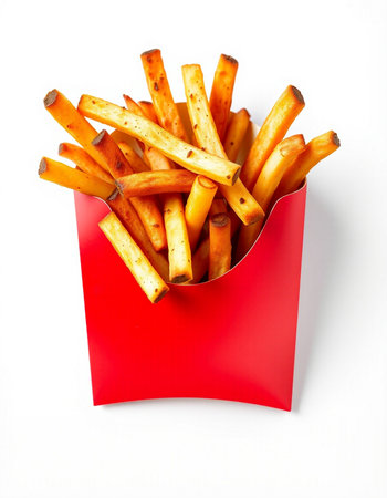 French fries in a red box isolated on white background, clipping path