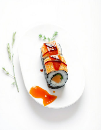 Sushi roll with salmon, eel, cucumber and cream cheeseの写真素材