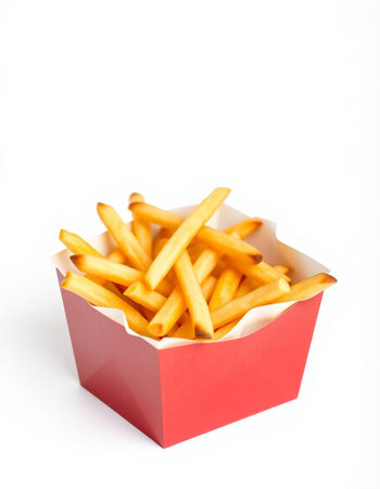 French fries in paper box isolated on white background. Fast food.の写真素材