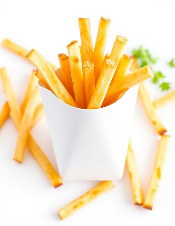 French fries in a paper cup on a white background. Selective focus.