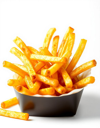 French fries in a bowl on a white background. Selective focus.