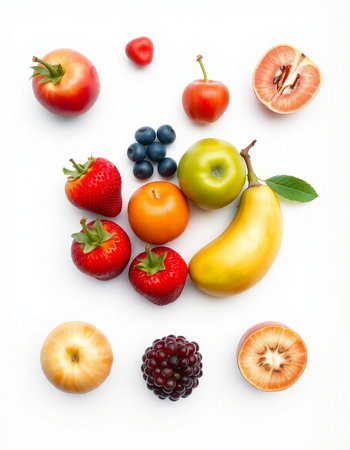 Fruits on a white background. Flat lay, top view.の写真素材