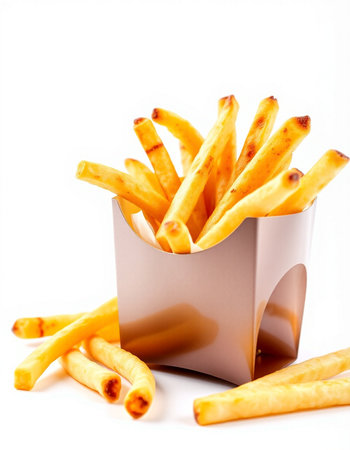 French fries in a paper box on a white background. Isolated