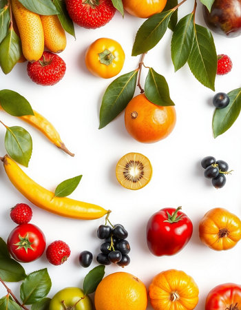 Fresh fruits and vegetables on white background. Flat lay, top viewの写真素材