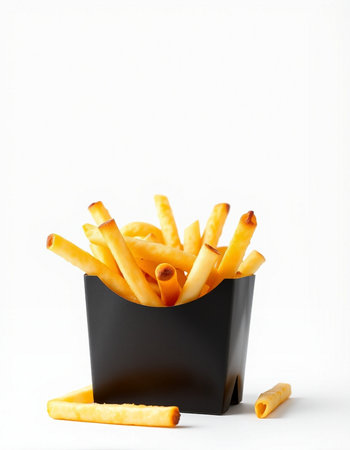 French fries in a black box on a white background, isolated.の写真素材