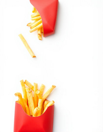 French fries in a red box isolated on white background. Top view.