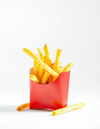 French fries in a red box on a white background, fast food