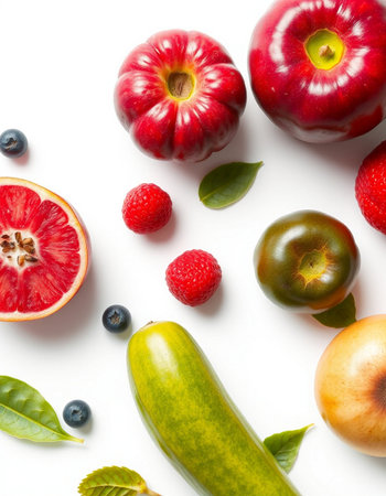Fruits and vegetables on white background. Flat lay, top viewの写真素材