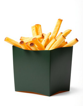 French fries in a green box on a white background. Isolatedの写真素材