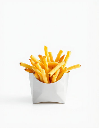 French fries in paper box isolated on a white background. Fast food.