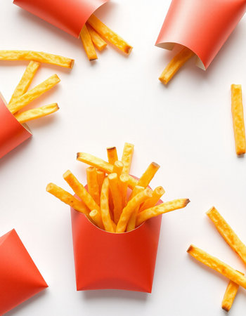 French fries in red paper box on white background. Top view.の写真素材