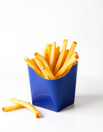 French fries in a blue box on a white background. Selective focus.の写真素材