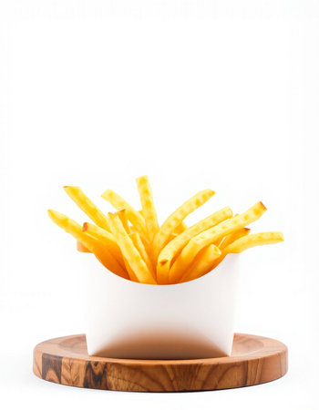 French fries in a white box on a wooden stand on a white background