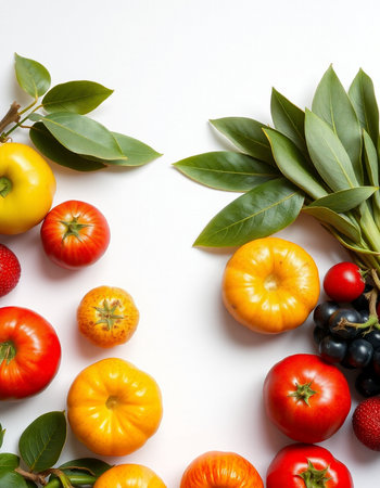 Fresh fruits and vegetables on a white background. Healthy food concept.の写真素材