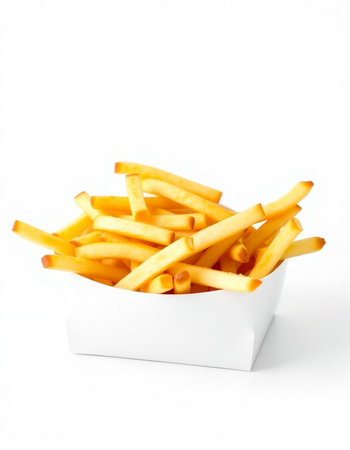 French fries in a white box on a white background. Isolated