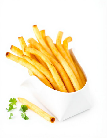 French fries in a bowl with parsley on a white background.