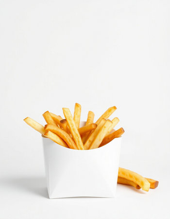 French fries in a white paper box on a white background with copy space