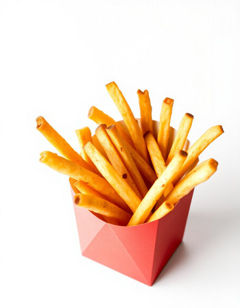 French fries in a red box on a white background. Selective focus.
