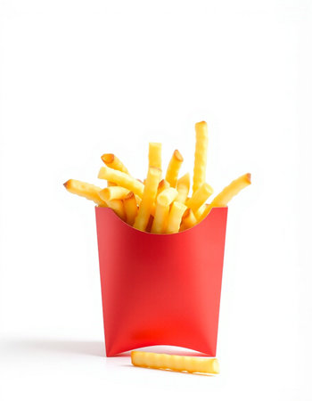 French fries in a red box on a white background. Isolated