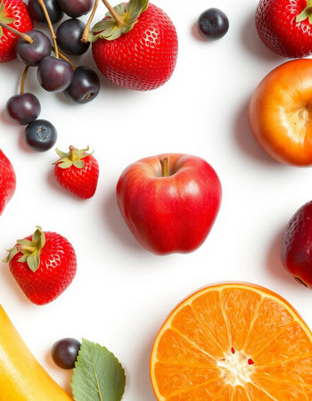 Fresh fruits and berries on white background, top view. Healthy food