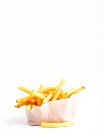 French fries in paper box isolated on white background. Fast food.の写真素材
