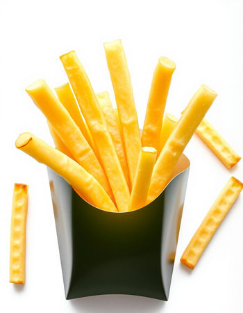 French fries in a green box on a white background, isolated.