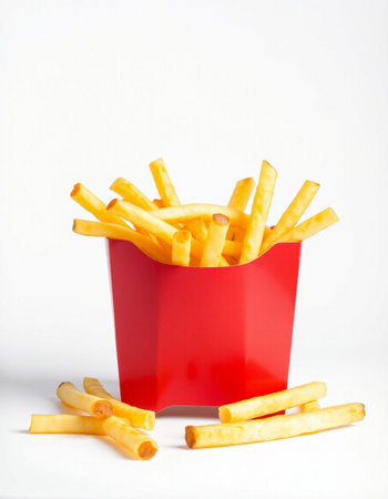 French fries in a red box on a white background, fast food