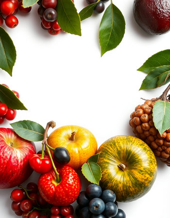Autumn composition. Fruits and berries on white background. Flat lay, top view