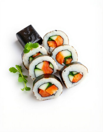Sushi roll with salmon, cucumber and cream cheese on white backgroundの写真素材