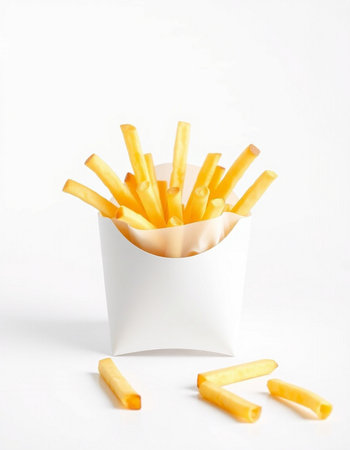 French fries in a paper box on a white background. Fast food.